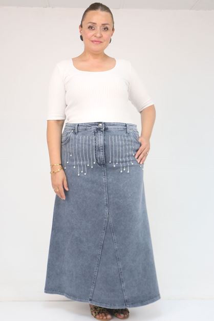 D-45010 Büyük Beden Parçalı Model Kot Etek - Kar Yıkama Mavi 