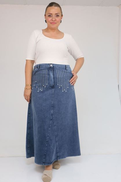 D-45010 Büyük Beden Parçalı Model Kot Etek - Lacivert 