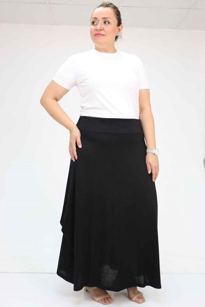 T-55001 Büyük Beden Yanı Düğmeli Penye Etek - Siyah 