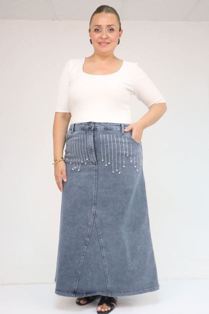 D-45010 Büyük Beden Parçalı Model Kot Etek - Mavi