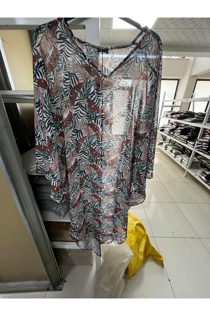 T-1717 Büyük Beden Pareo  - Oranj Yapraklı 