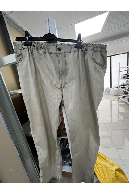 T-9125 Büyük Beden Beli Lastikli Kot Pantolon  - Vizon