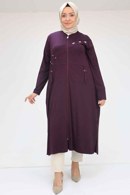 T- 53012 Büyük Bedeı Fermuarlı Penye Ceket - Mor 