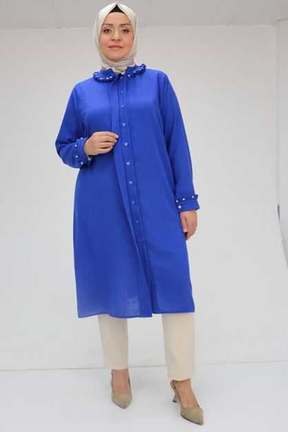 T-58024 Büyük Beden Yaka Taşlı Keten Tunik - Mavi