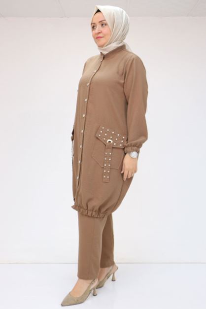 T-47061 Büyük Beden Cepleri Taş Detayklı Keten Pantolonlu Takım - Turuncu