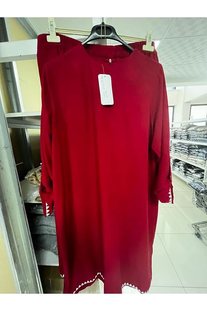 T-47059 Büyük Beden Keten Pantolonlu Takım - Bordo