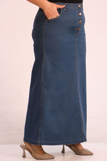 D-45002 Büyük Beden Önden Düğmeli Kot Etek-petrol