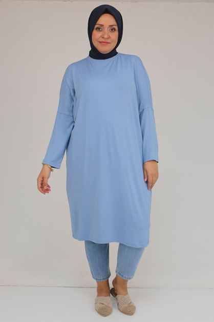 28092 Büyük Beden Düşük Kol Penye Tunik - Buz Mavi