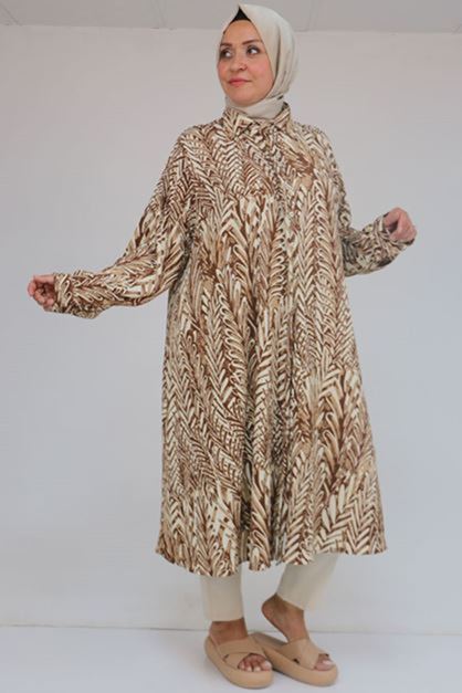 58083 Büyük Beden Mevlana Desenli Bürümcük Gömlek - Kahve-Vizon