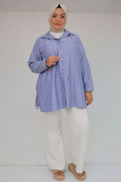 F-58099 Büyük Beden Erkek Yaka Düğmeli Tunik - Lacivert Çizgili