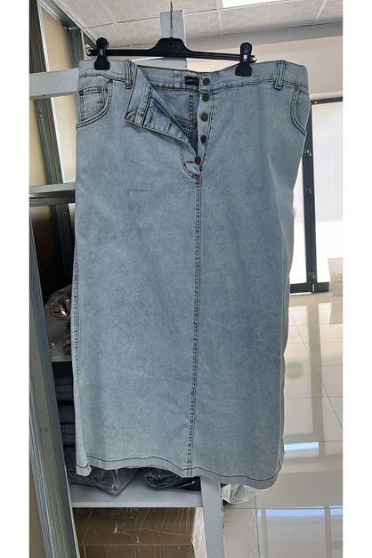 T-45002 Büyük Beden Önden Düğmeli Kot Etek - Buz Mavi