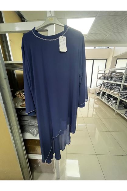 T-47310 Büyük Beden Sandy Şifon  Pantalonlu Takım  - Mavi