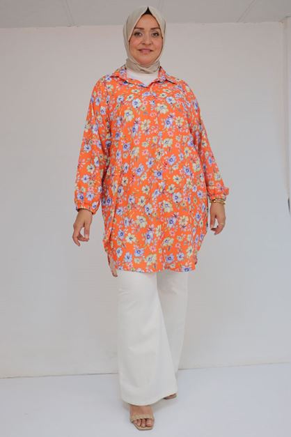 58052 Büyük Beden Erkek Yakalı Jesica Gömlek Tunik - Çiçek Desen Kiremit