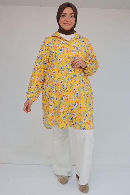 58052 Büyük Beden Erkek Yakalı Jesica Gömlek Tunik - Manolya Desen Hardal 