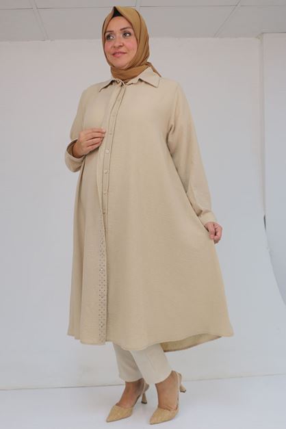 58087 Büyük Beden Taş Baskı Detaylı Keten Mevlana Tunik - Bej