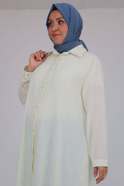 58087 Büyük Beden Taş Baskı Detaylı Keten Mevlana Tunik - Ekru