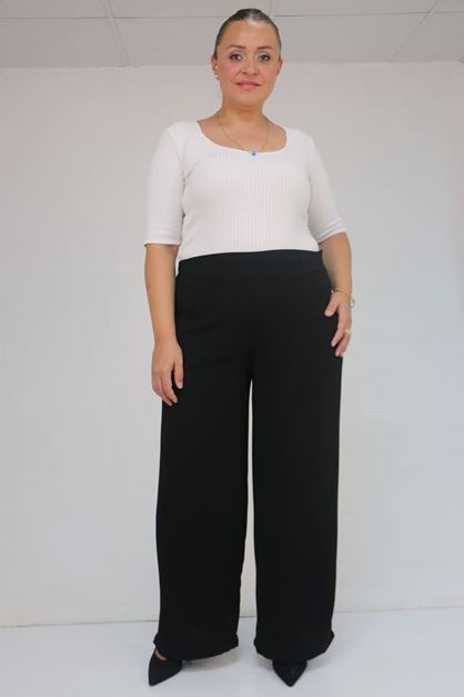 59011 Büyük Beden Pervaz Kemerli Yandan Fermuarlı Krep Pantolon - Siyah