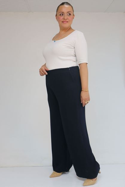 59011 Büyük Beden Pervaz Kemerli Yandan Fermuarlı Krep Pantolon - Lacivert