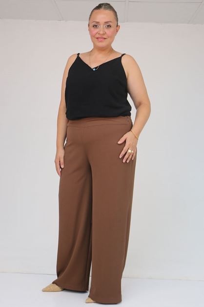 59011 Büyük Beden Pervaz Kemerli Yandan Fermuarlı Krep Pantolon - Kahve