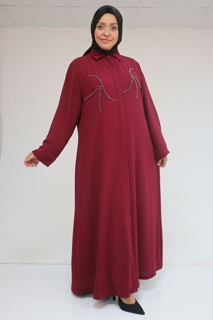 56017 Büyük Beden Taş İşleme Detaylı Krep Ferace - Bordo