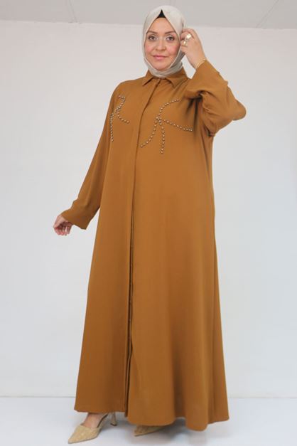 56017 Büyük Beden Taş İşleme Detaylı Krep Ferace - Hardal