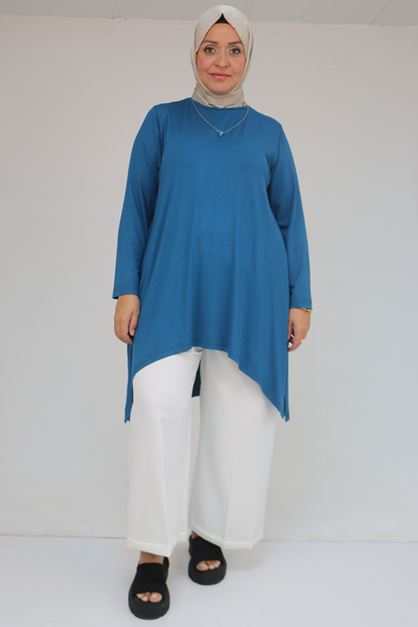 58070 Büyük Beden Asimetrik Kesim Penye Tunik - Petrol
