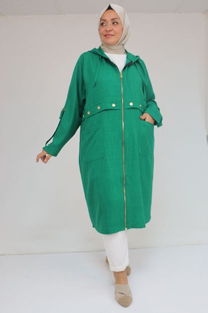 F-53006 Büyük Beden Patı Çakma Düğme Detaylı Kap - Beneton