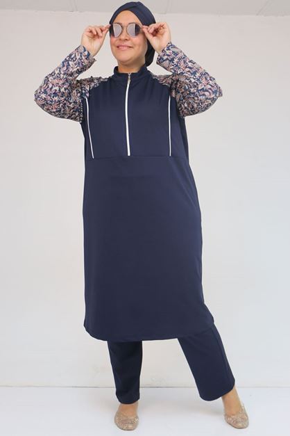1733 Büyük Beden Fermuarlı Tesettür Mayo - Etnik Desen Lacivert