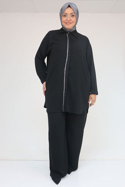 57036 Büyük Beden Krep Kol Manşetli Pantolonlu Takım - Siyah