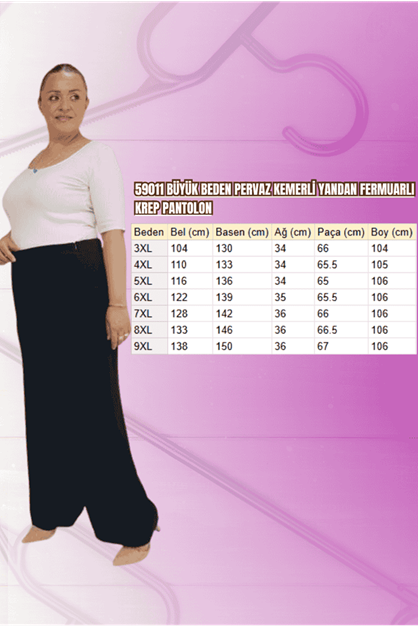 59011 Büyük Beden Pervaz Kemerli Yandan Fermuarlı Krep Pantolon - Siyah