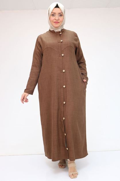 T-56001 Büyük Beden Boydan Düğmeli Melanj Ferace - Kahve