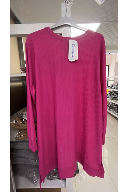 T-48045 Büyük Beden Manşetli Bürümcük Tunik -Fuşya