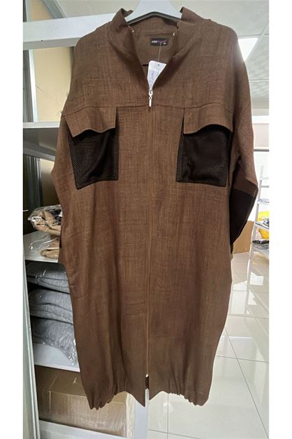 T-53001 Büyük Beden Menanj Keten Trençkot - Kahve