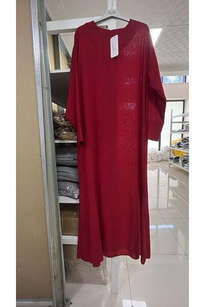 T-52003 Büyük Beden Kalın Manşetli Keten Elbise - Bordo