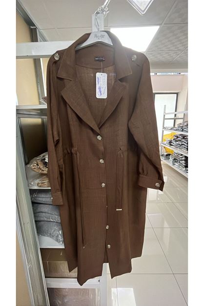 T-53004 Büyük Beden Kendinden Kuşaklı Melanj Trençkot - Kahve