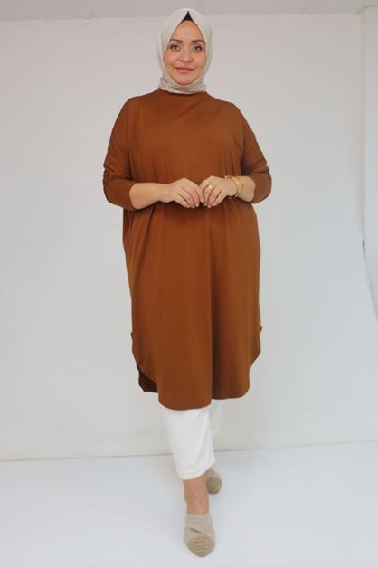 D-38110  Büyük Beden Düşük Kol Penye Tunik - Taba 