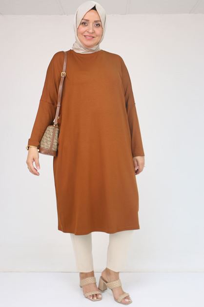 D-28092 Büyük Beden Düşük Kol Penye Tunik - Taba 