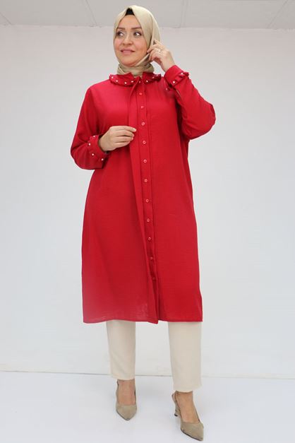 D-58024 Büyük Beden Yaka Ve Kol Manşeti Taşlı Keten Tunik - Bordo 