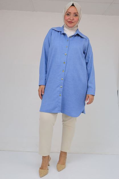 58094 Büyük Beden Düğmeli Yakası Detaylı Tunik - İndigo Kırçıllı