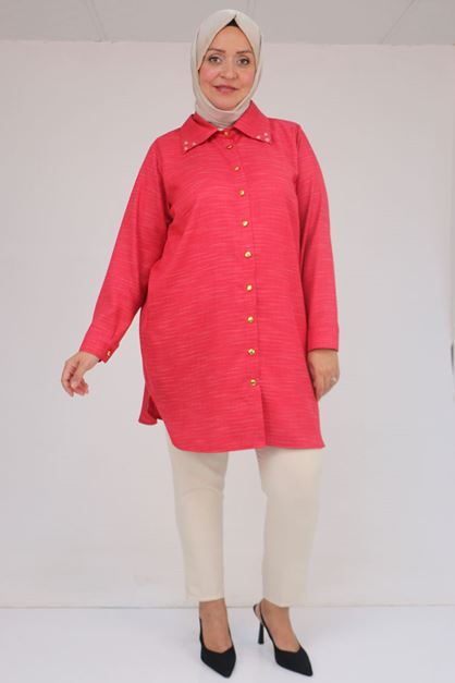58094 Büyük Beden Düğmeli Yakası Detaylı Tunik - Kırmızı Kırçıllı