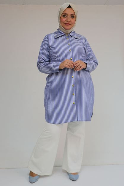 F-58095 Büyük Beden Yakası Düğme Detaylı Tunik - Lacivert Çizgili