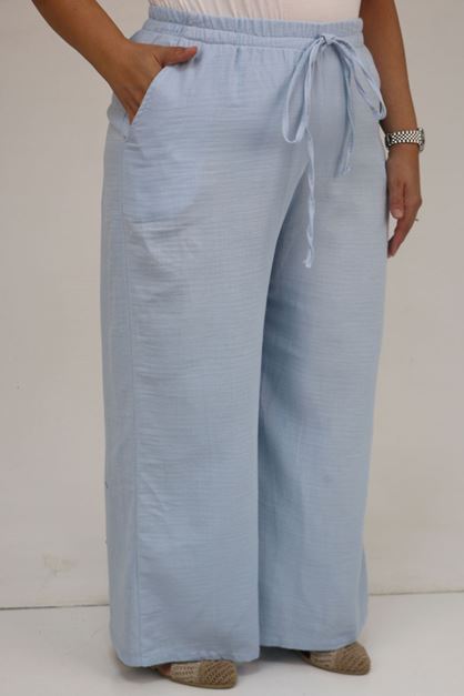 59021 Büyük Beden Beli Lastikli Müslin Bol Paça Pantolon - Açık Mavi