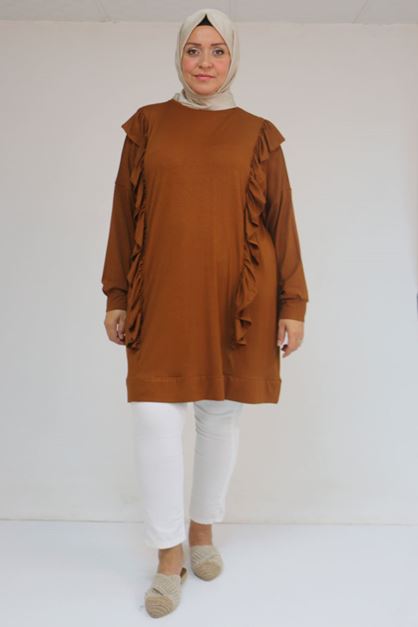 D-58074-1 Büyük Beden Fırfır Ve Taş Detaylı Penye Tunik - Taba