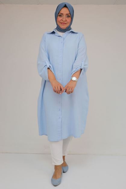 48058 Büyük Beden Düğmeli Müslin Gömlek - Buz Mavi