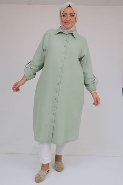 48058 Büyük Beden Düğmeli Müslin Gömlek - Nefti
