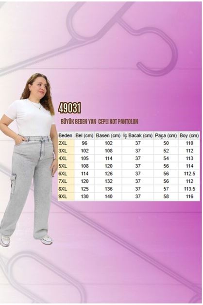 49031 Büyük Beden Yan Cepli Kot Pantolon - Kar Yıkama Gri