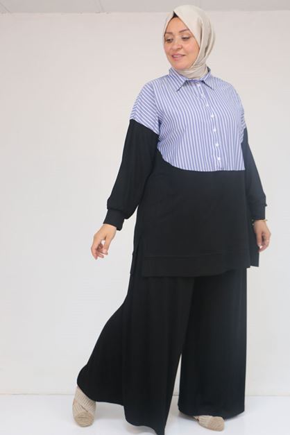 D-57016 Büyük Beden Erkek Yaka Tunik  - Siyah -Lacivert 