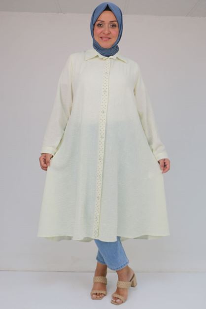 D-58087 Büyük Beden Taş Baskı Detaylı Keten Mevlana Tunik - Ekru