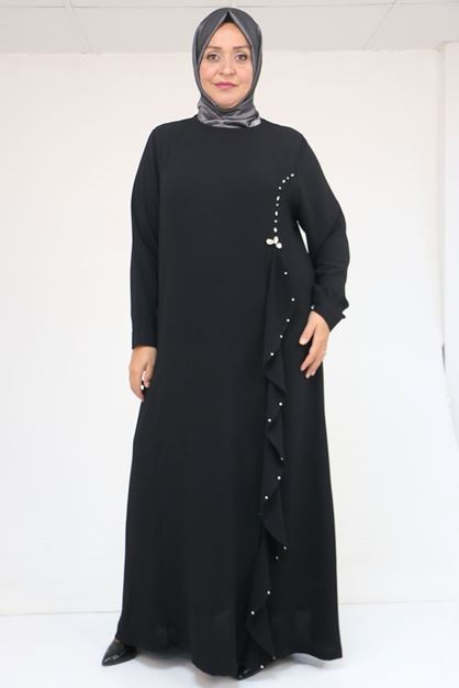 52016 Büyük Beden Önü Fırfırlı Taş Detaylı Krep Elbise - Siyah