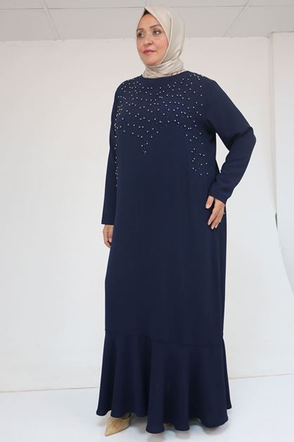 52025 Büyük Beden Etek Ucu Volanlı Taş Detaylı Elbise - Lacivert